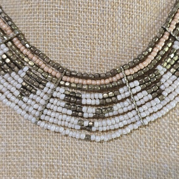 Collar Bib Style Pearlized Pink Bronze White Necklace - Picture 2 of 3